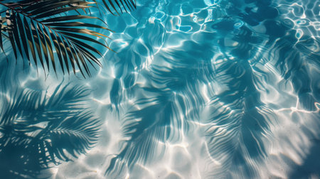 A palm trees silhouette is cast upon the water surface, creating fluid patterns in the sunlight.の素材