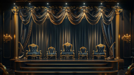 Set of chairs neatly lined up facing a stage, ready for an event or performance to begin.の素材