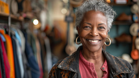 A woman standing in front of a rack of clothes, browsing through the items displayed.の素材
