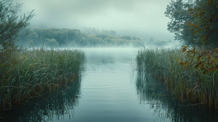 A body of water surrounded by dense tall grass, creating a tranquil and natural landscape.の素材