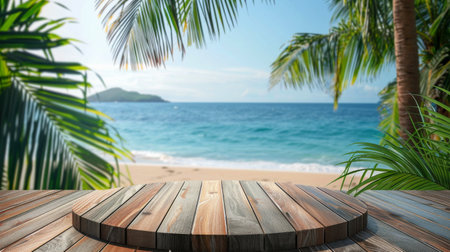 A wooden deck extends towards the ocean, framed by lush palm trees swaying in the breeze under a clear sky.の素材