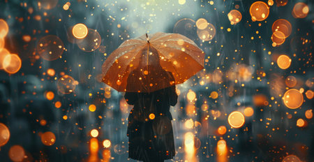 A person walks under an umbrella in the rain, with bokeh lights in the background.の素材