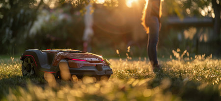 A robotic lawn mower is working on a grassy yard during the golden hour. The mower is in the foreground, with a person standing out of focus in the background.の素材