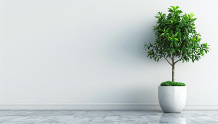 A potted plant resting on a clean, white floor in a simple and minimalist setting.の素材