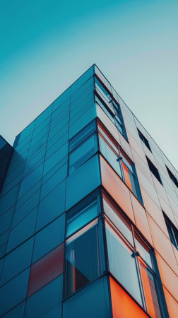 A low angle view of a modern skyscraper with a glass facade. The building is tall and sleek, with a grid-like pattern of windows that reflect the surrounding sky.の素材