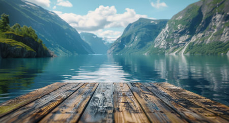 A wooden dock extends out over a calm fjord, with snow-capped mountains in the background.の素材
