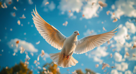 A white bird with spread wings gracefully flies through the air.の素材