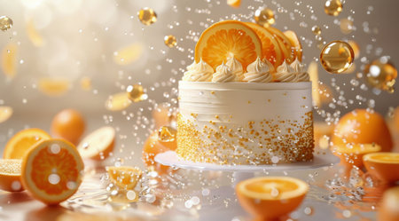 A white cake with orange slices and golden sprinkles sits on a white plate surrounded by orange slices and water splashes.の素材