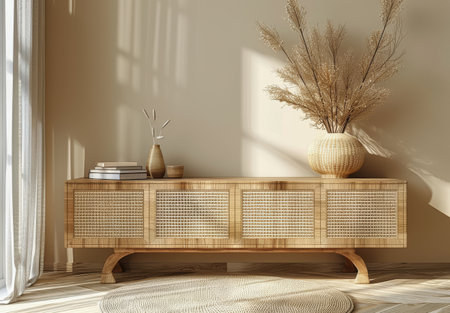 A wooden bench sits in a room with a vase and books placed on top of it.の素材