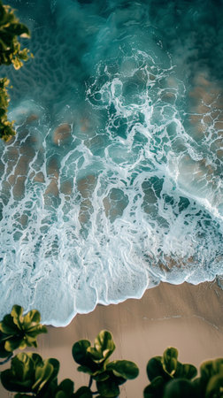An aerial perspective showcasing a sandy beach meeting the oceans blue waters, with waves gently crashing onto the shore.の素材