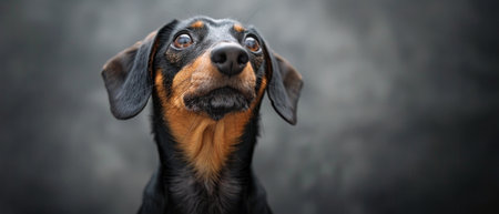A dachshund is sitting on a couch and looking up curiously.の素材