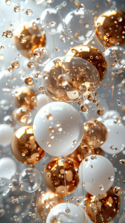 A group of white and gold balloons arranged neatly on a table, creating a festive atmosphere.の素材