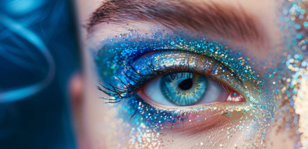Detailed close-up of a womans eye with shimmering glitter applied, adding a sparkling effect.の素材
