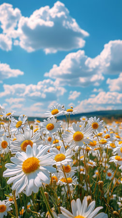 A vast field of daisies under a clear blue sky.の素材