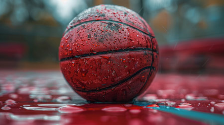A red basketball resting on a wet floor, creating a vibrant contrast against the shiny surface.の素材