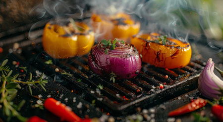 A detailed view of assorted food items cooking on a hot grill, sizzling and releasing delicious aromas.の素材