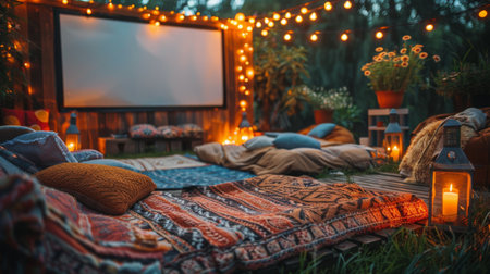 A backyard adorned with numerous pillows and string lights for a cozy and inviting atmosphere.の素材