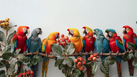 Two vibrant birds with multicolored feathers are perched on a sturdy tree branch, showing their bright plumage against the green leaves.の素材
