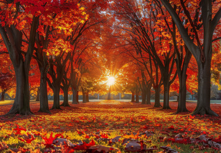 A picturesque view of a forest path lined with trees adorned in vibrant red autumn leaves, bathed in the warm glow of the setting sun.の素材