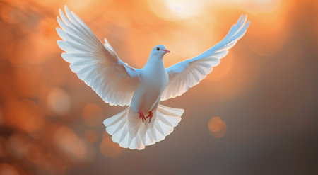 A white bird with spread wings gracefully flies through the air.の素材