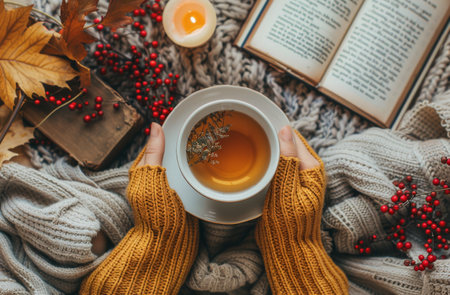 A person wearing a yellow sweater holds a cup of tea and reads a book on a table surrounded by autumn leaves.の素材