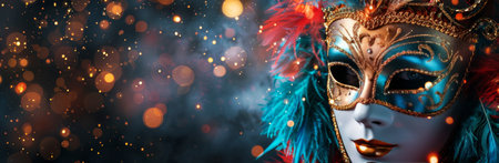 A close-up shot of a beautiful Venetian Carnival mask decorated with feathers and intricate gold details. Bokeh lights create a festive backdrop.の素材
