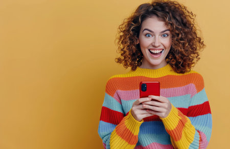 A young woman with curly hair is wearing a colorful striped sweater and holding a red phone. She is smiling brightly and looking at the phone with excitement.の素材