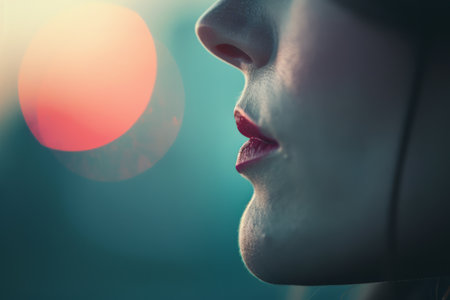 A woman's profile with dark hair and bright pink lipstick. Her face is turned to the side, and she is looking off to the right.の素材