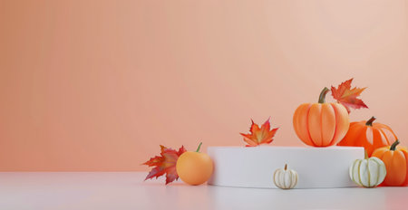 A white cylinder podium sits in front of a pink wall, decorated with pumpkins and autumn leaves.の素材