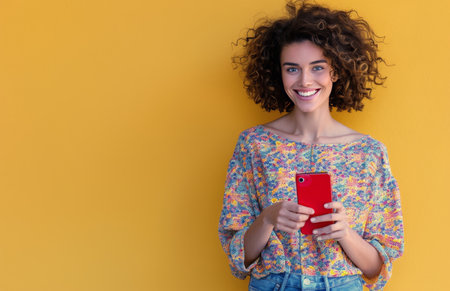 A woman with curly hair is smiling excitedly while looking at her phone. She is wearing a floral shirt and is standing in front of a yellow background.の素材