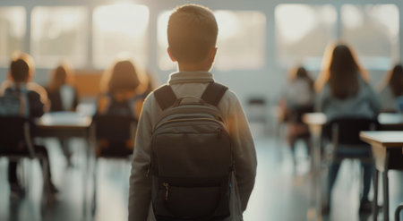 A young boy with a backpack walks away from a classroom, with other students sitting at desks in the background.の素材
