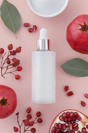 A white bottle of serum sits on a pink background surrounded by pomegranate seeds, whole pomegranates, and sprigs of red berries.の素材