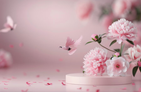 Pink peonies with green leaves are arranged around a white pedestal against a pink background. White petals float in the air around the flowers.の素材