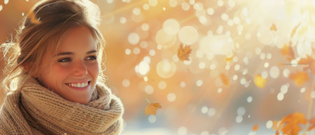 A young woman with long, blonde hair smiles as leaves fall around her. She is wearing a knitted scarf and has a warm, inviting expression.の素材