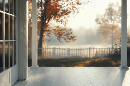 A wooden porch with white hydrangeas in bloom overlooks a grassy field. A large oak tree casts a shadow in the foreground. The morning sun shines brightly through the open doorway.の素材