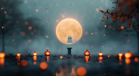 A friendly ghost with large eyes stands on a platform in a foggy forest. The scene is illuminated by a large, orange moon and lit candles.の素材