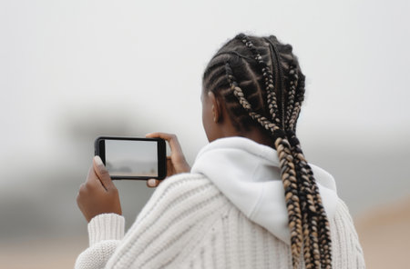 A woman with long braids looks down at her smartphone while standing indoors. The background is out of focus, suggesting she is in a public space.の素材