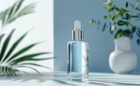 A glass bottle with a dropper sits on a light blue surface, with a white vase and leafy branches in the background. Sunlight casts shadows on the surface.の素材
