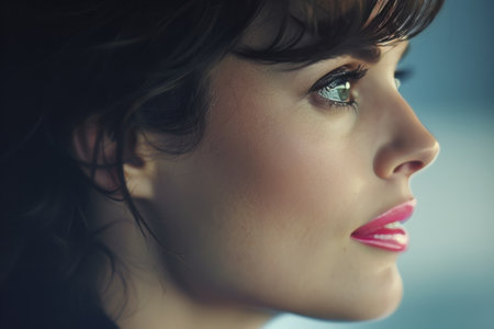A woman's profile with dark hair and bright pink lipstick. Her face is turned to the side, and she is looking off to the right.の素材
