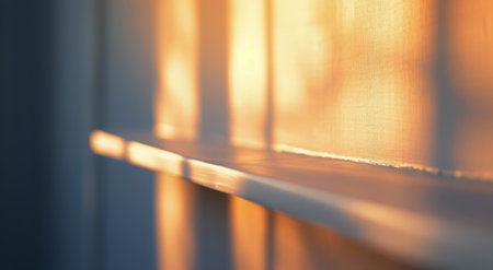 Sunlight streams through a window, casting warm shadows on a windowsill.の素材