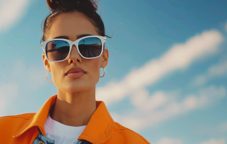 A woman in a bright orange jacket stands in front of a port, looking directly at the camera. She is wearing round sunglasses and has short, brown hair. The background is blurred and includes a large crane, a ship, and the blue sky.の素材