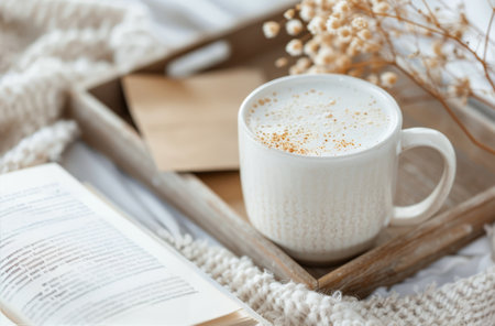 A white mug filled with frothy coffee sits on a tan journal. Dried rest flowers on a woven surface in the background.の素材
