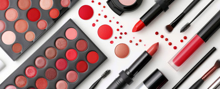 A collection of makeup products, including eyeshadow palettes, lipsticks, brushes, and other items, arranged on a white background.の素材