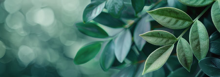 Green leaves on a branch, with a blurry background of other foliage.の素材