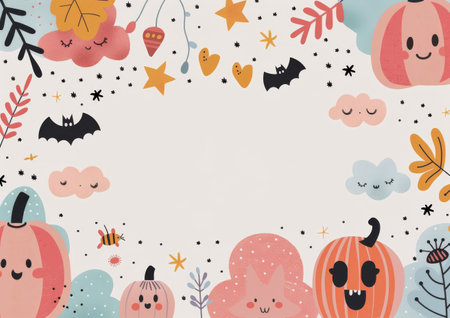 A white background with three smiling pumpkins, black bats, and colorful stars.の素材