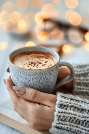 A close-up shot of hands holding a warm cup of coffee with a sprinkle of cinnamon. The person is wearing a cozy knitted sweater, and the background is blurred with warm lighting and a few out-of-focus objects.の素材