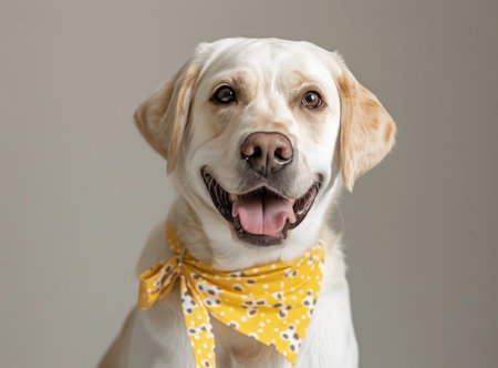 A white dog with a yellow bandana around its neck smiles at the camera.の素材