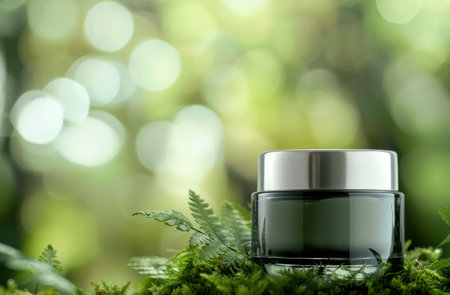 A cream jar sits on a mossy surface in front of a blurred green background.の素材