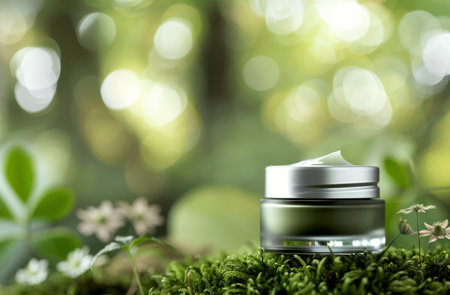 A cream jar sits on a mossy surface in front of a blurred green background.の素材
