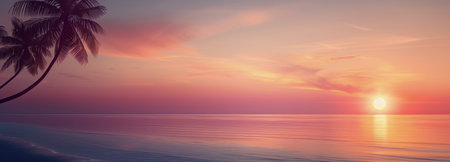 The sun sets over a calm ocean, casting a pink glow on the sky and water. Palm trees stand silhouetted in the foreground, their fronts reaching towards the horizon.の素材